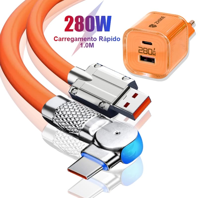 Cabo Carregador Carregamento Rápido Tipo C Micro USB V8 iP 1M Rotação de 180° Silicone Com Adaptador GaN