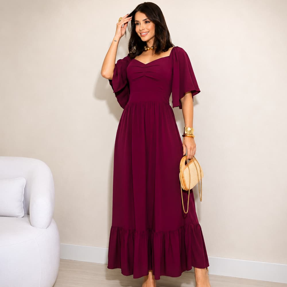 VESTIDO LONGO FEMININO, Elegante Vestido Midi Social Evangélico, Coleção Inverno - Tecido VISCOLINHO