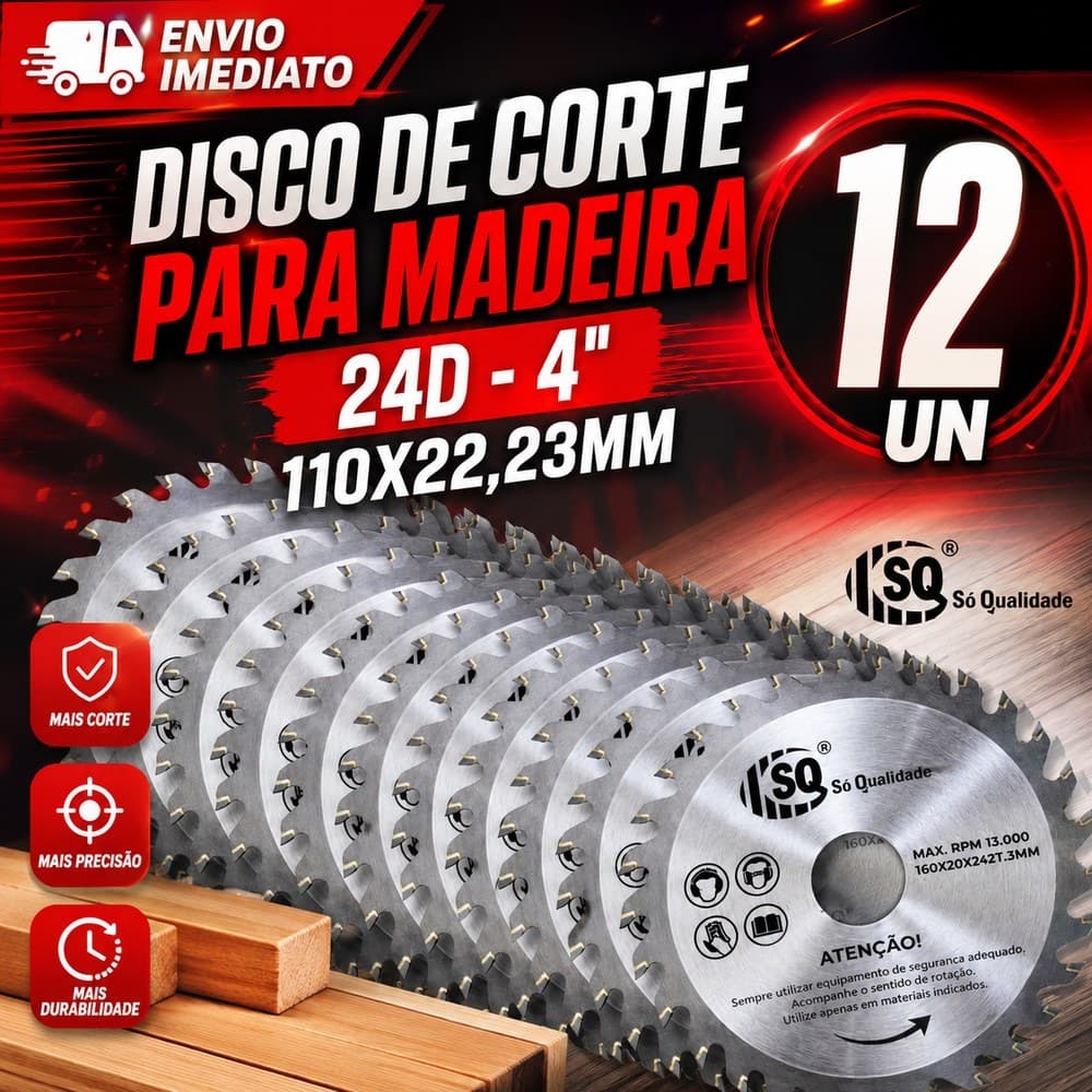 Super Kit 12 Disco Corte Madeira 24 Dentes 110x22,23mm Serra Circular 4" Esmerilhadeira Profissional