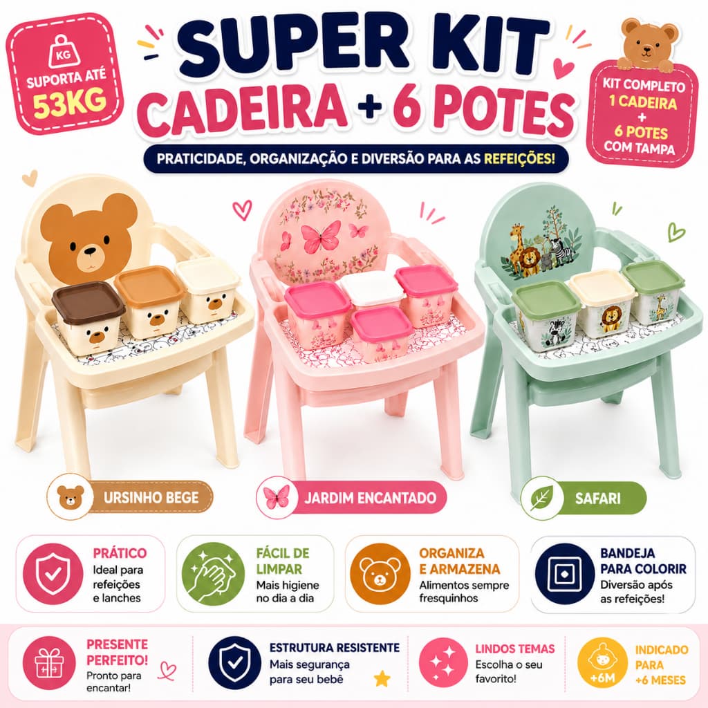 Kit Cadeira Poltrona de Alimentação Infantil + 6 Potes com Tampa Introdução Alimentar Bebê