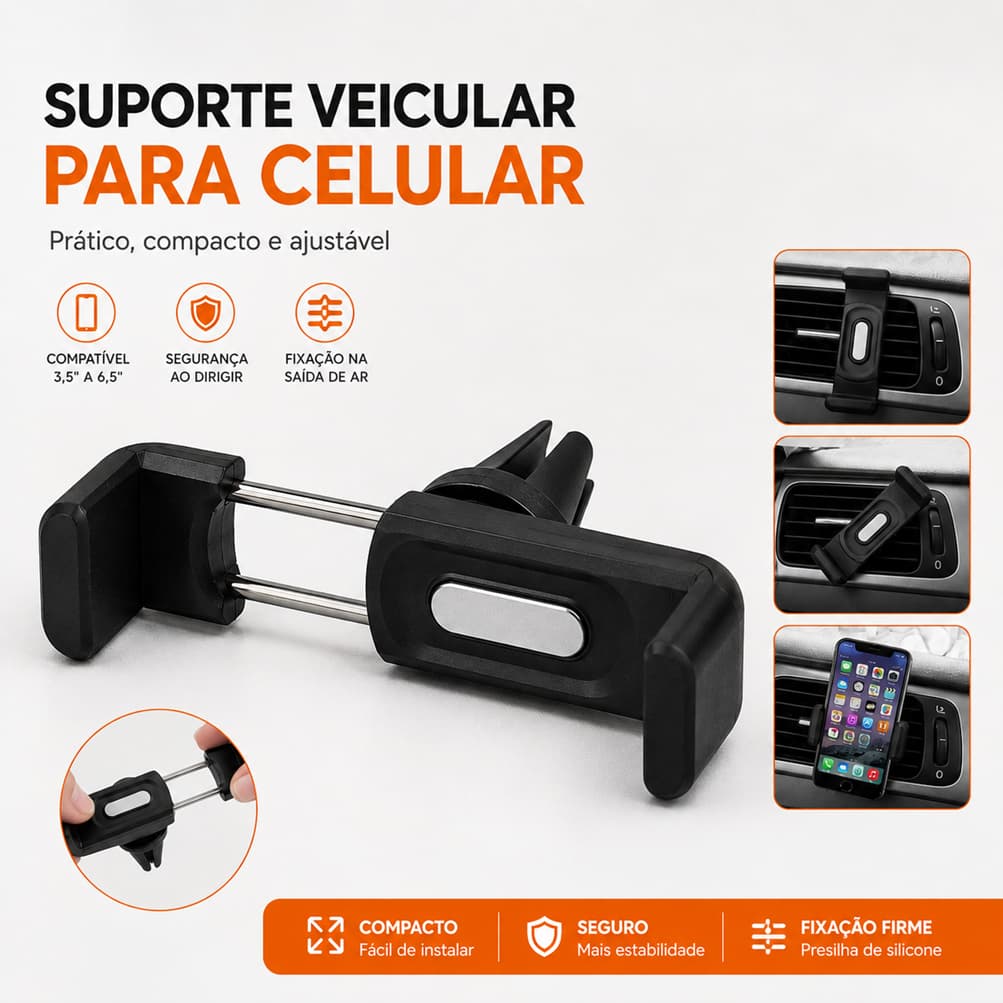 Suporte Celular Veicular de Carro Saída Ar Ventilação Universal Ajustável