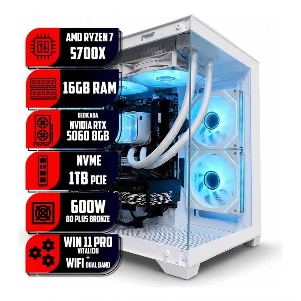 PC GAMER ZYN RYZEN 7 5700X, 16GB RAM DDR4, NVME 1TB, NVIDIA RTX 5060 8GB, WI-FI, GABINETE 3 FANS