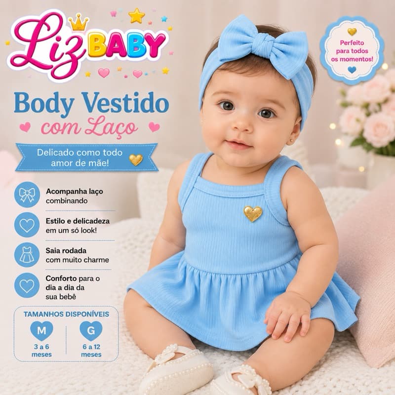 Body vestido infantil menina bebê.Vestido de bebê com body embutido Liz