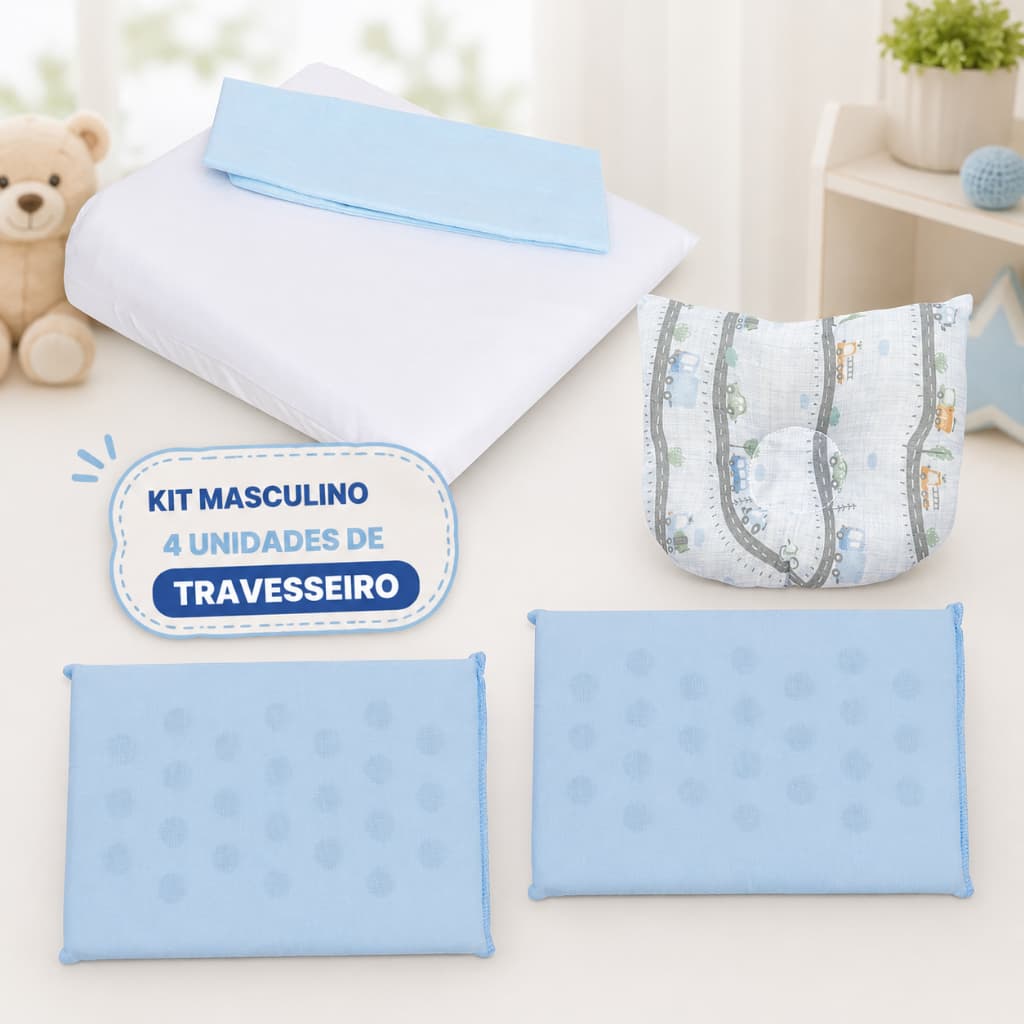 KIT 2, 3 E 4 TRAVESSEIROS BEBÊ PAPI RAMPA COM FRONHA + ESPUMA COM FUROS + ANATÔMICO ENXOVAL