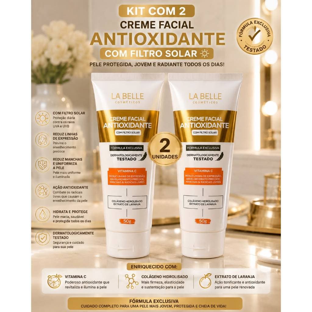 Creme Facial Antioxidante Vitamina C Com Filtro Solar 50g La Belle Anti-Idade Uniformiza a Pele