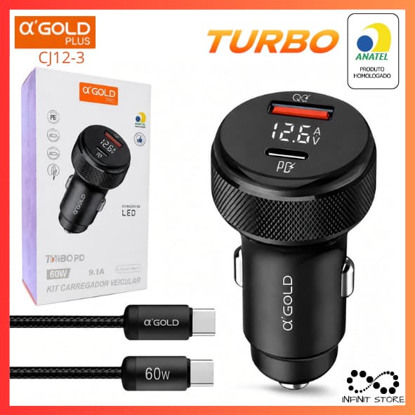 Kit Carregador Veicular 60W + Cabo Tipo-C USB-A 9.1A Turbo PD Com Visor LED A'Gold QC4.0