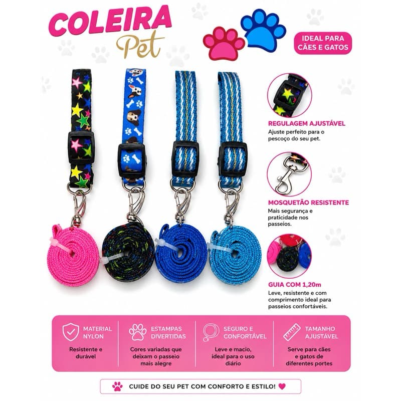 Coleira Pet com Guia 1,20m – Ajustável, Resistente e Confortável para Cães e Gatos | Cores e Estampas Variadas