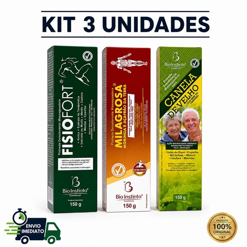 Kit 3 Pomadas Bio Instinto 150g – Milagrosa + Canela de Velho + Fisiofort Verde