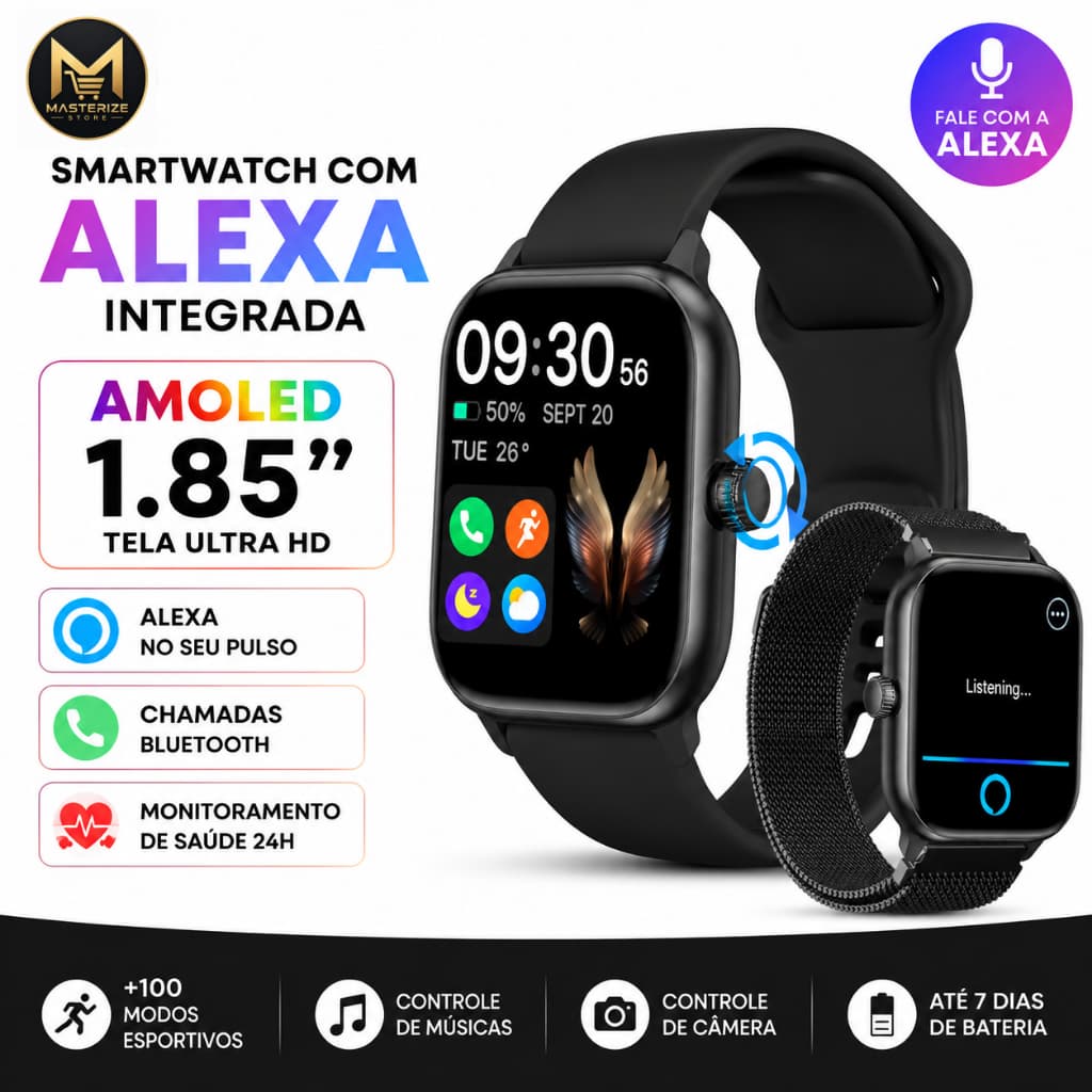 Relógio Inteligente com Alexa Smartwatch 1.85'' AMOLED Chamadas Bluetooth Monitoramento de Saúde