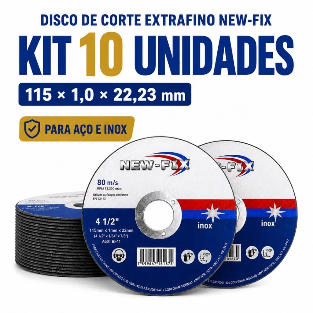 Kit 10 Discos de Corte Fino 4.1/2 4 1/2 115x1.0x22.23mm NewFix Inox Aço Metal Esmerilhadeira Serralheria Profissional