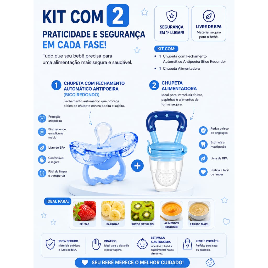 KIT Chupeta Protetora Fechamento Automático Antipoeira + Chupeta para Frutas Bebê Introdução Alimentar