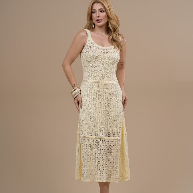 Vestido Feminino Tricot Midi Rendado Elegante Vestido Midi Roupa Feminina de Verão Luxo Premium