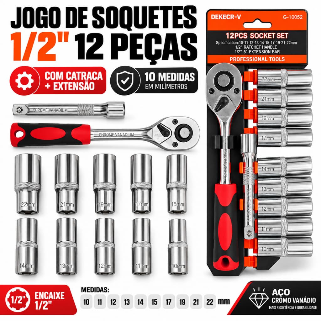 Jogo de Soquetes Longos Sextavado 1/2 12 Peças CR-V 10-22mm Com Chave Catraca Reversível Extensão