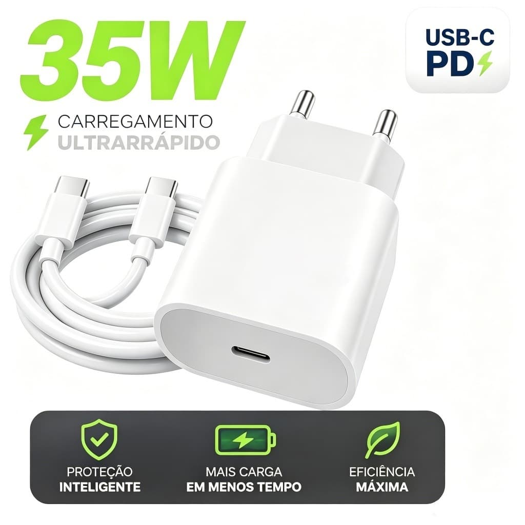 Carregador Turbo Rápido 35W PD USB-C Tipo C Fonte Carregamento Rápido para Celular Tablet