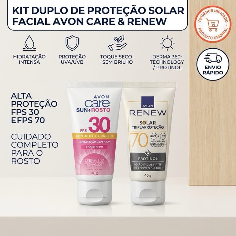 Protetor Solar Facial Avon Care FPS 30 ou Avon Renew Solar Tripla Proteção FPS 70 - 40g (Toque Seco Controle de Brilho)
