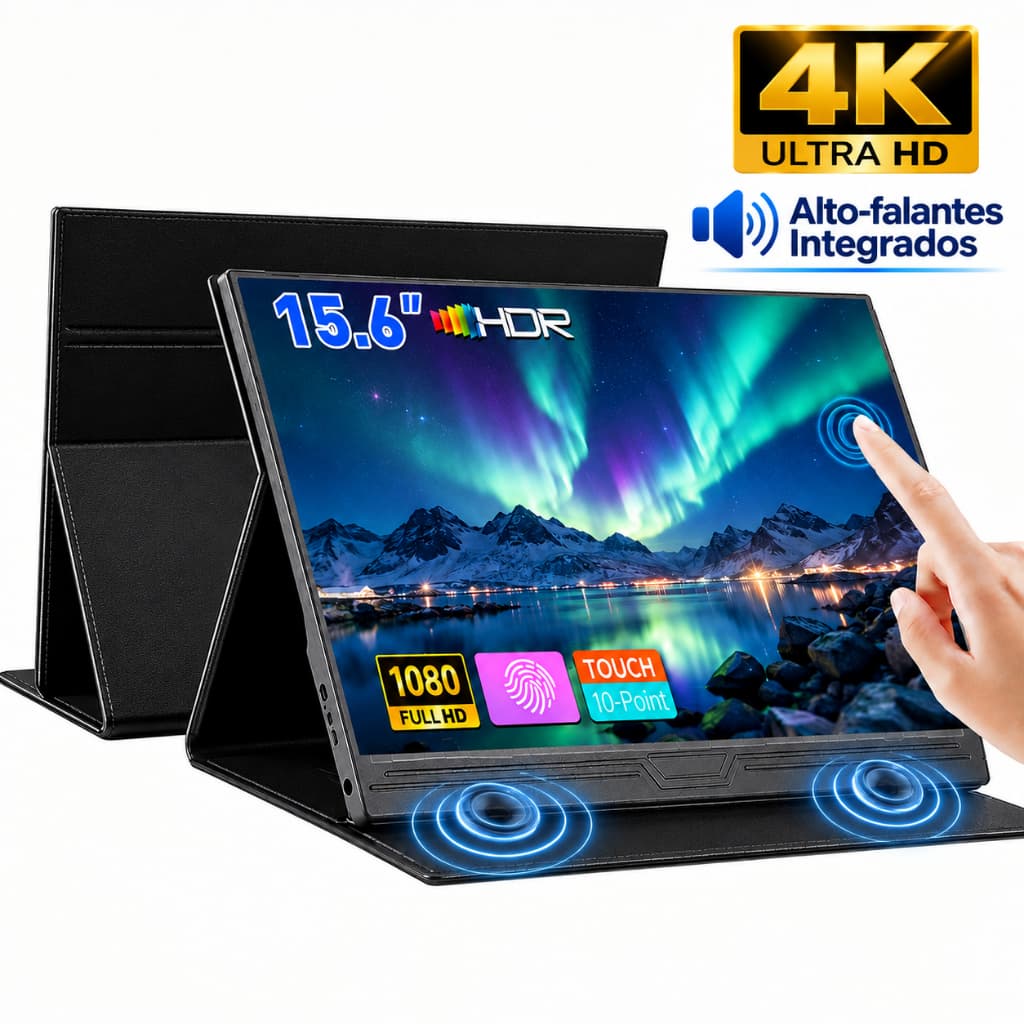 Monitor Portátil Touch Gamer 15.6'' Full HD 60Hz IPS Compatível 4K Preto Para Trabalho E Jogos