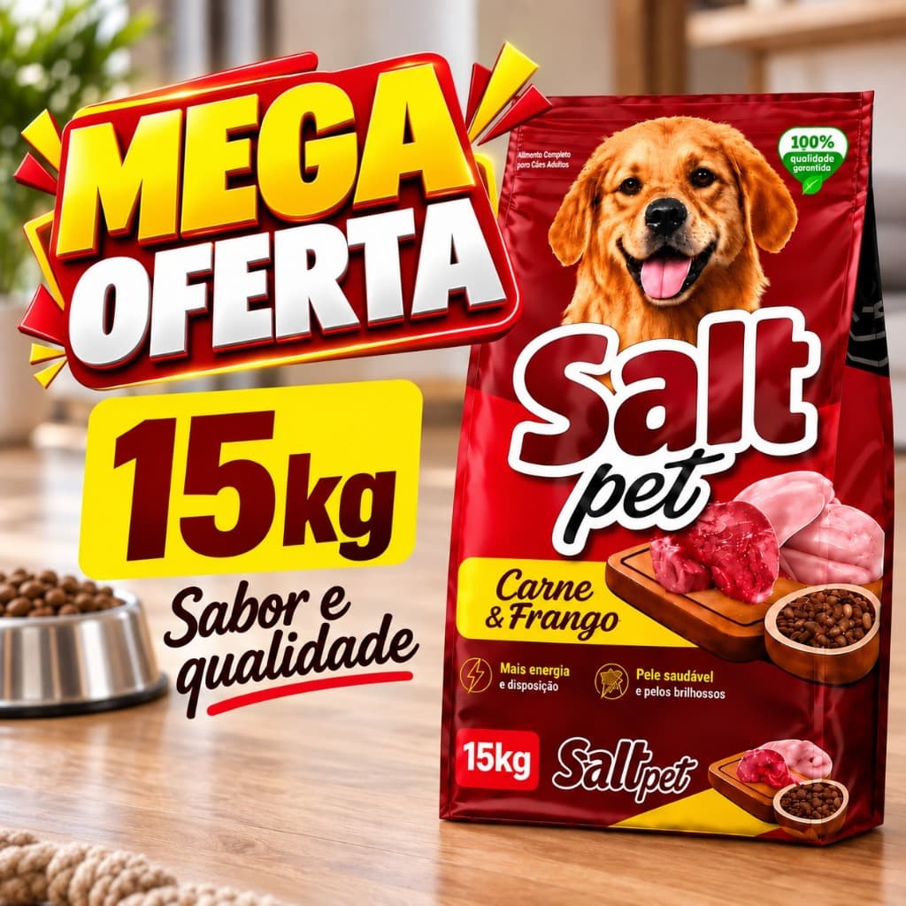 Ração para Cachorro Cães Adultos Salt Pet 15kg Sabor Carne e Frango Saborosa Premium cães