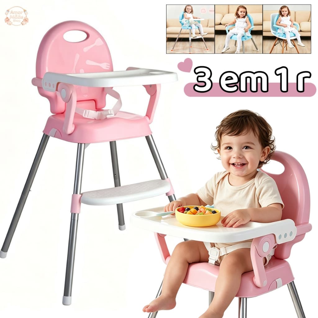 Cadeira de Alimentação Portátil Berry 3 em 1 Rosa Cadeirinha Refeição Dobrável Para Bebê