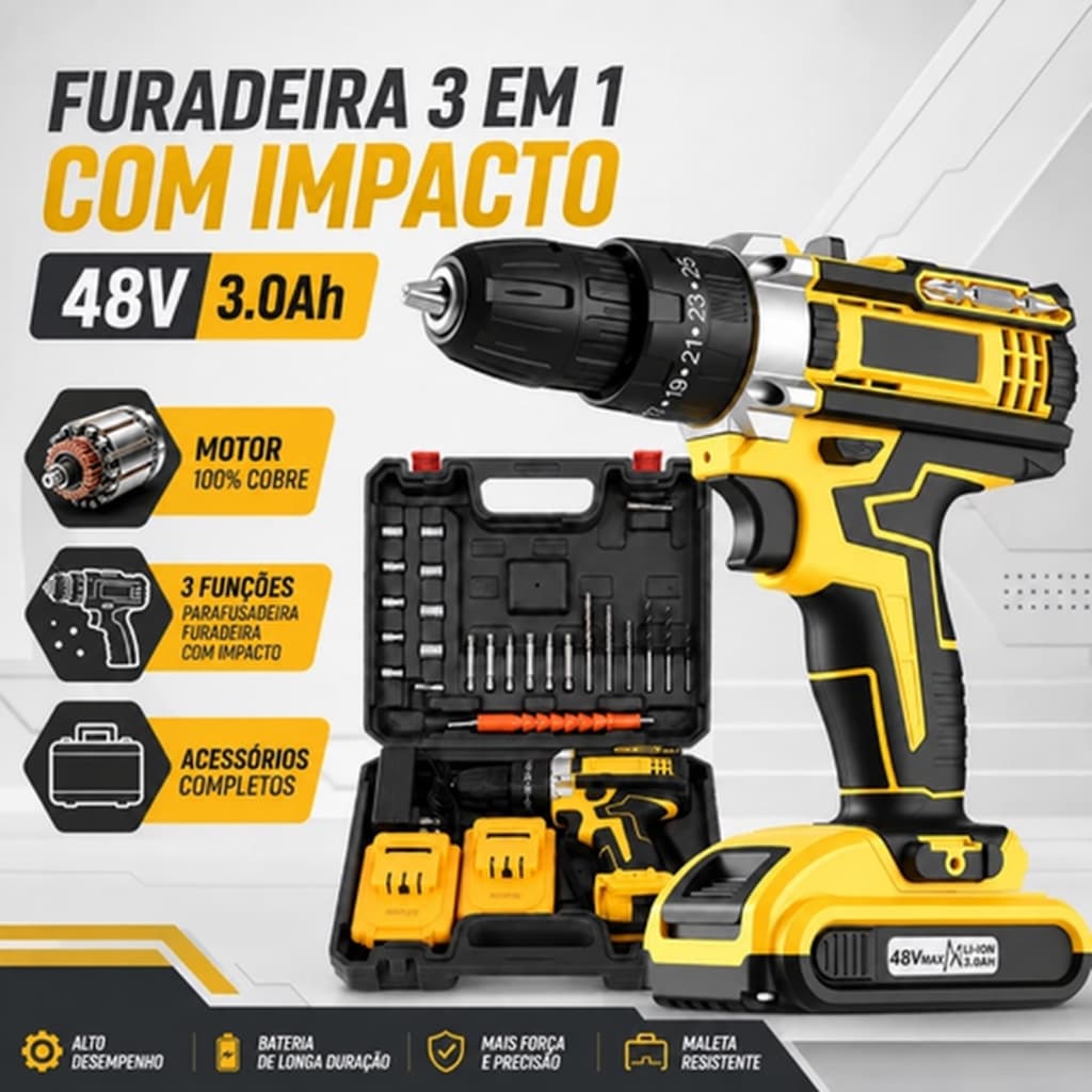 Parafusadeira Furadeira de Impacto 48V 55 Nm Sem Fio 2 Baterias 3 Funções com Maleta e Acessórios Kit