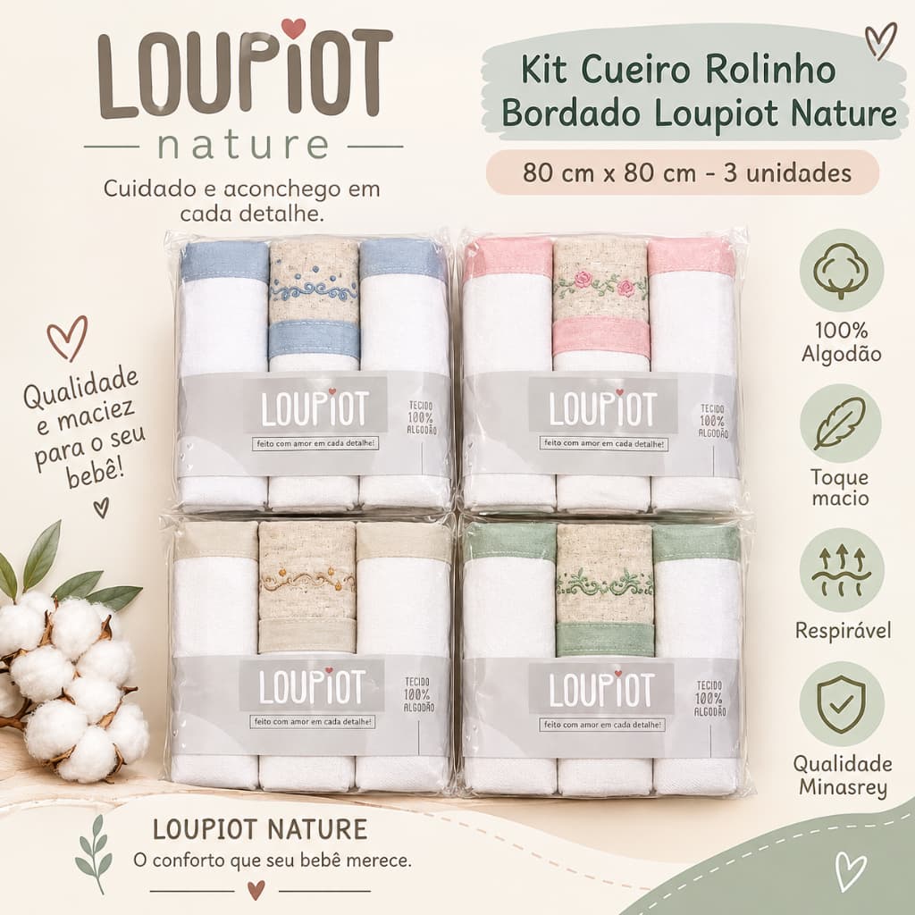 Kit Cueiro com 3 peças Bebê Bordado 100% Algodão| Enxoval Recém-Nascido Loupiot Nature Minasrey