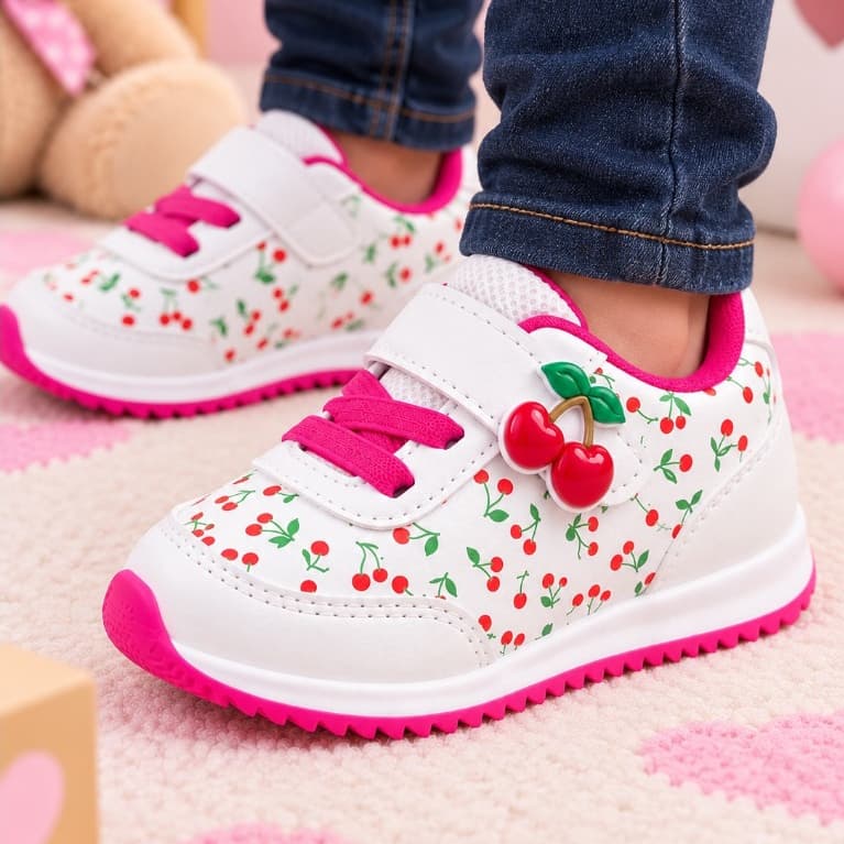 Tênis Infantil Menina Cereja Branco Pink com Velcro Calçado Casual Confortável