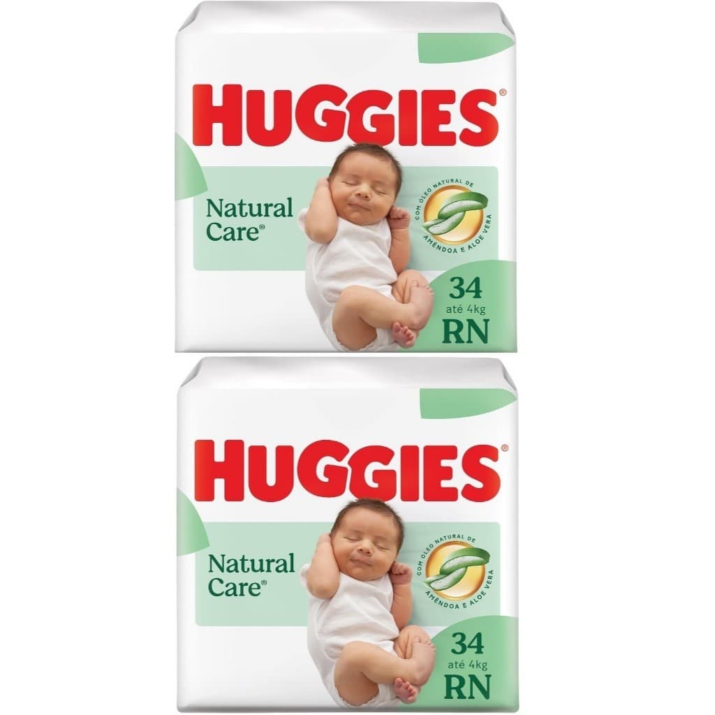 Kit 2 pacotes Fralda Huggies RN - Natural Care até 4kg 34un