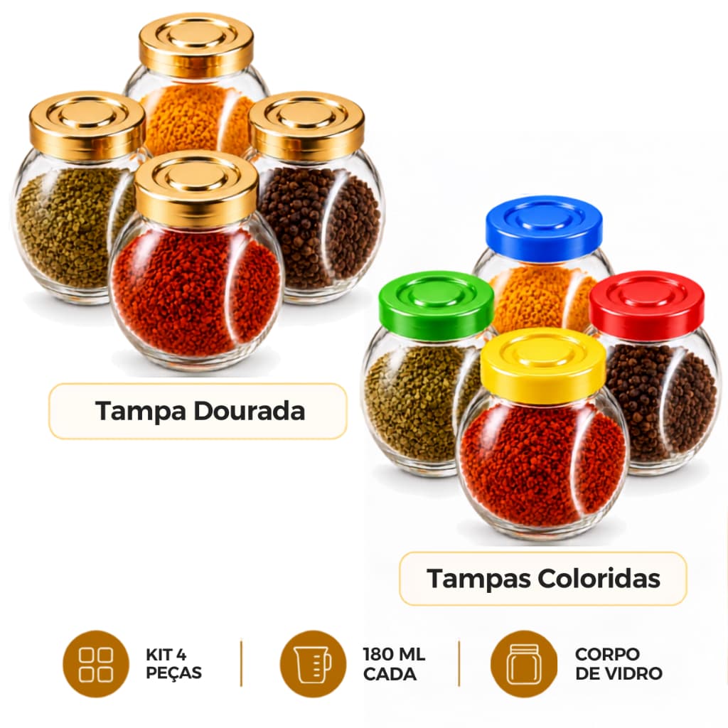 Kit 4 Potes de Vidro 180ml Porta Temperos Condimentos Especiarias Tampa Dourada ou Colorida