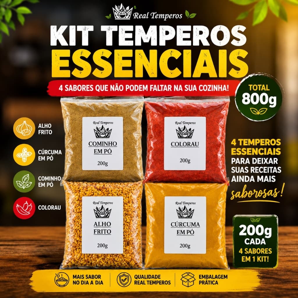 Temperos Naturais Kit Essenciais 800g | Alho Frito, Cúrcuma, Cominho e Colorau | Real Temperos