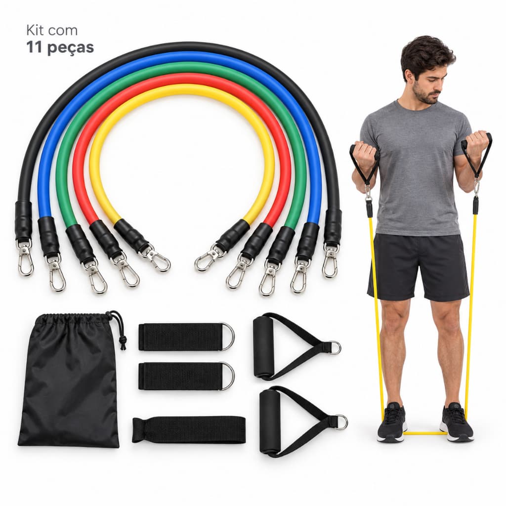 Kit Elástico Extensor Para Exercícios 11 Peças Resistencia Treino Musculação Em Casa