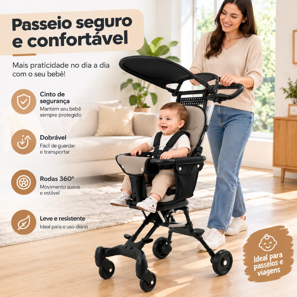 Carrinho de Bebê 3 em 1 Dobrável com Capota, Cinto 5 Pontos, Rodas 360° e Suporta até 50KG