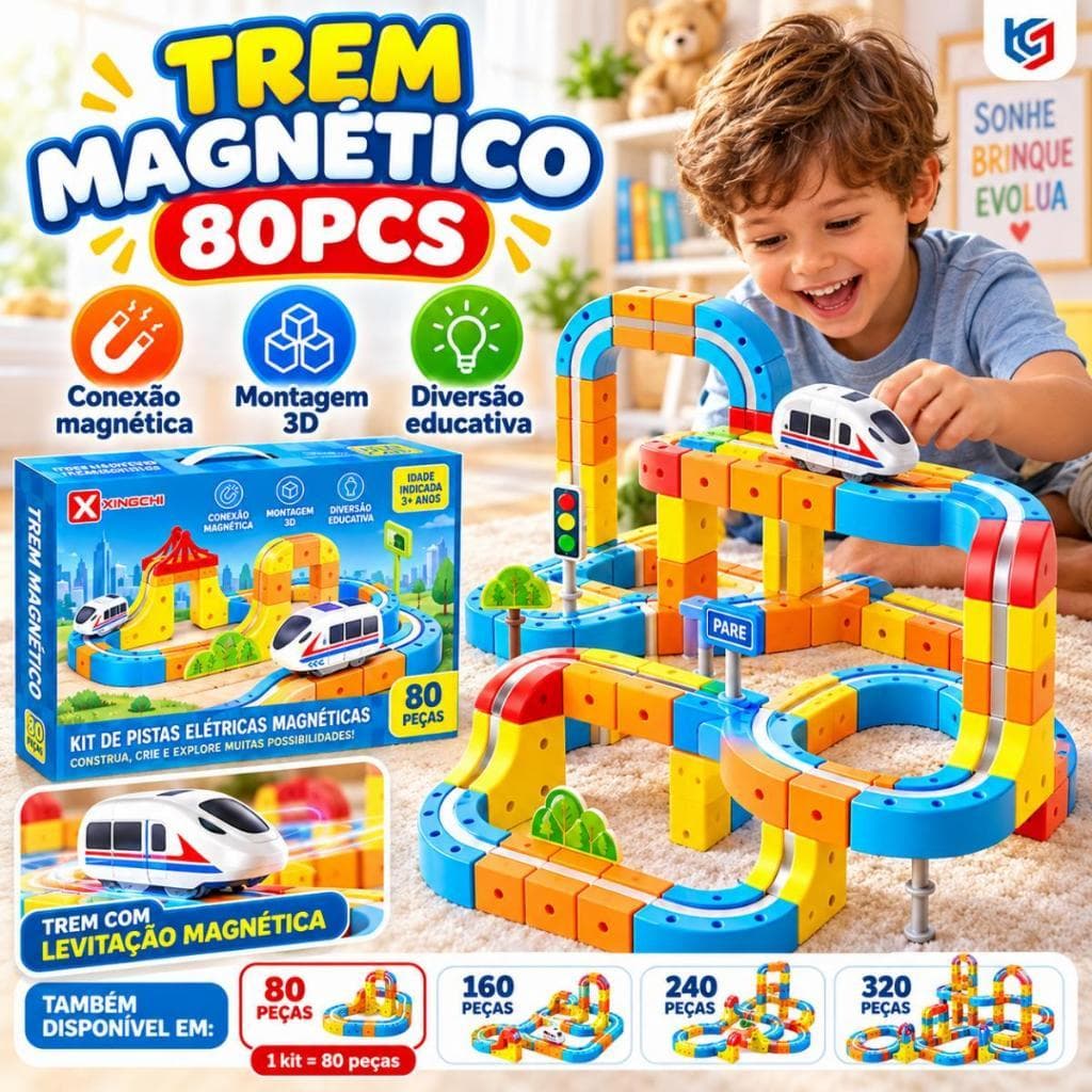 Kit Trem Magnético 3D 80/160/240/320 Peças Trem Elétrico Recarregável USB Brinquedo Educativo Infantil Presente