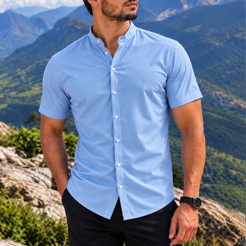 Camisa Masculina Gola Padre Manga Curta Social Slim Fit Lisa Casual Confortável
