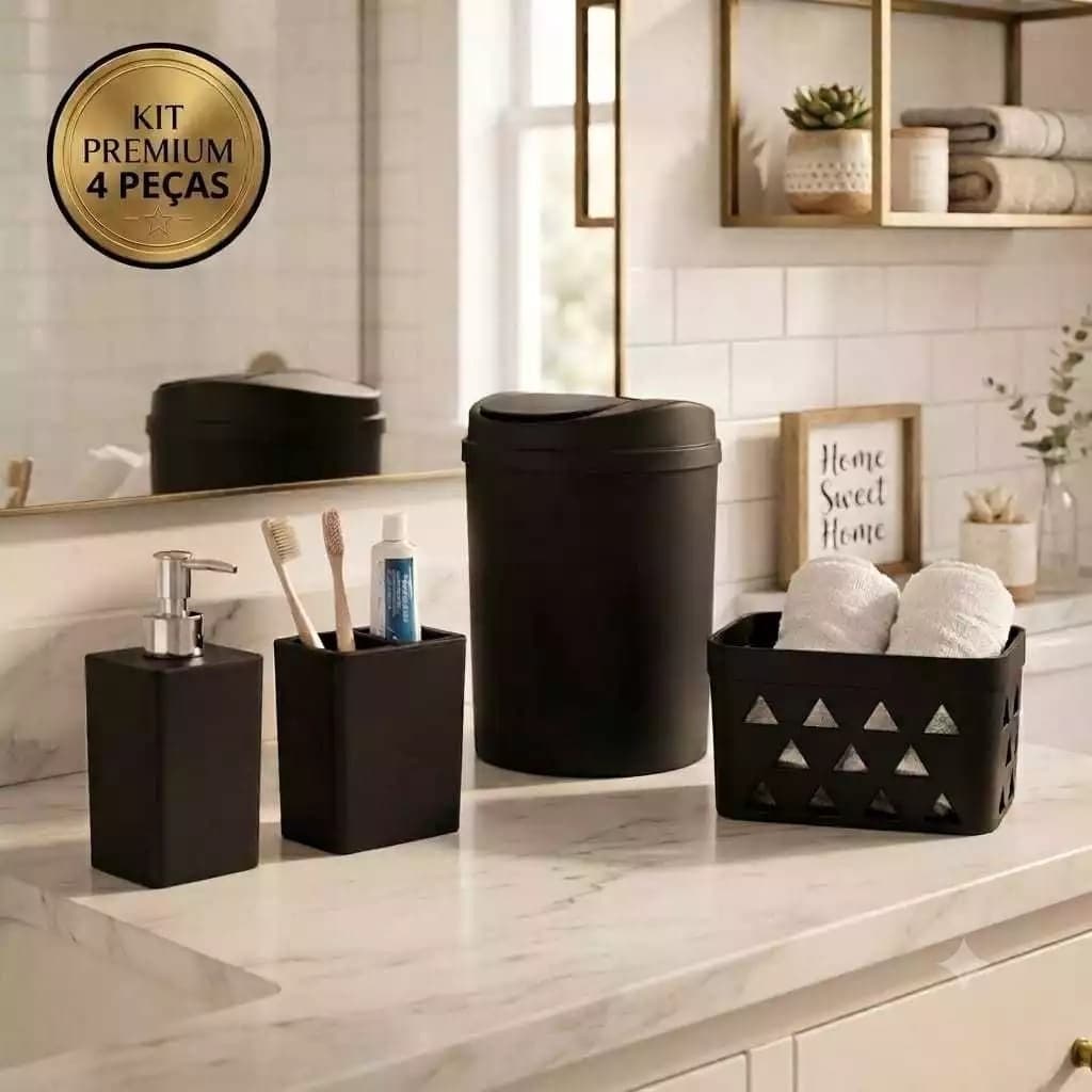 Kit Banheiro Lavabo 2/3/4 Peças Lixeira 5L Dispenser Porta Escovas Cesto Organizador Preto Fosco Premium