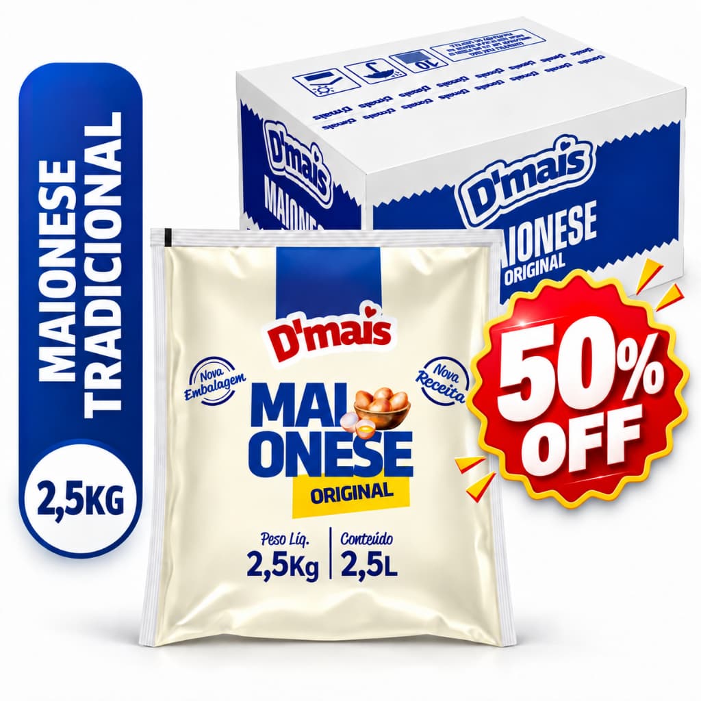 Maionese Tradicional D’Mais 2,5kg Bag Profissional Cremosa para Lanches Hamburgueria Food Service 50% OFF Shelf Life