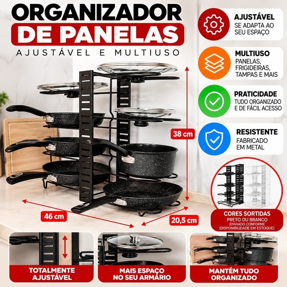 Organizador de Panelas Ajustável e Multiuso para Cozinha Metálico Preto