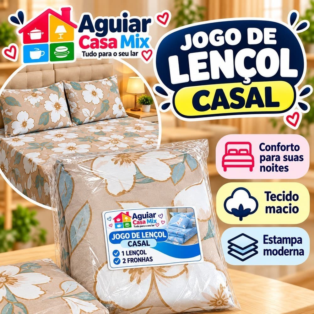 Jogo de Lençol Casal 3 Peças 1 Lençol + 2 Fronhas Estampado Floral Macio