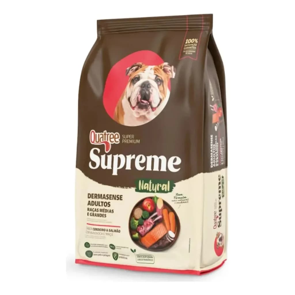 Quatree Supreme Cães Dermasense Adultos de Raças Médias e Grandes Sabor Cordeiro e Salmão 15 kg