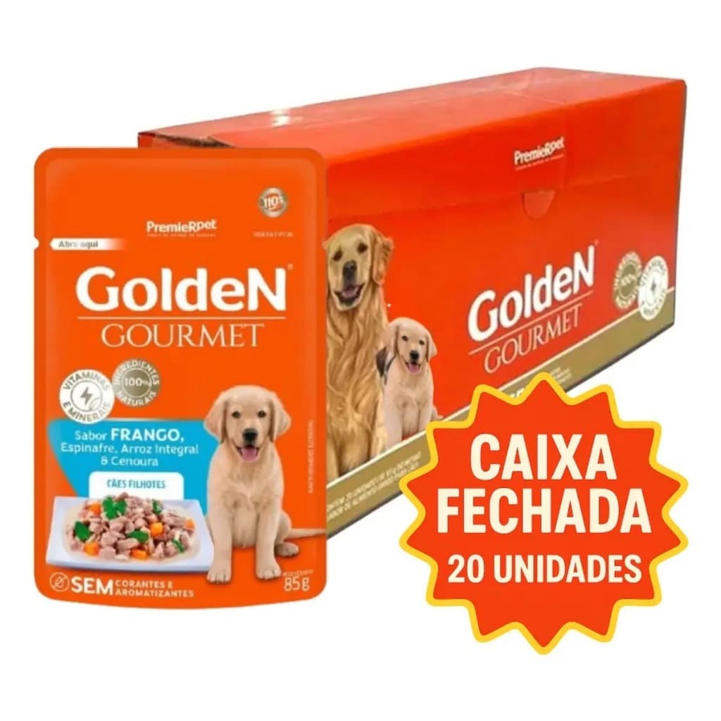 Sachê Golden Gourmet para Cachorro Filhote Sabor Frango Caixa 20 Unidades Ração Úmida Cães Filhotes Premier Pet