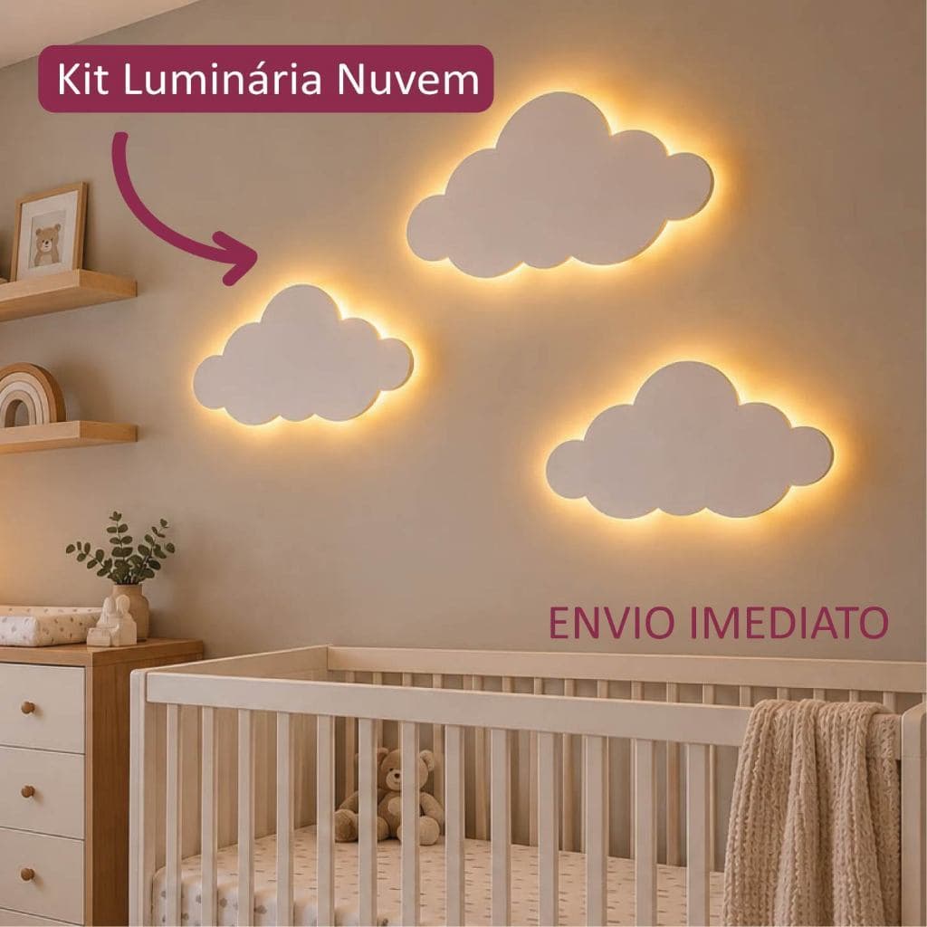 Luminária Nuvem Kit Com Led, Abajur, Decoração Quarto Infantil Menino Menina, Mdf Led Fio de Fada