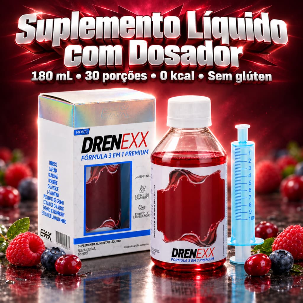 Drenexx Exx Nutrition Frutas Vermelhas 180ml Pré Treino 0 Kcal Sem Glúten Com Dosador