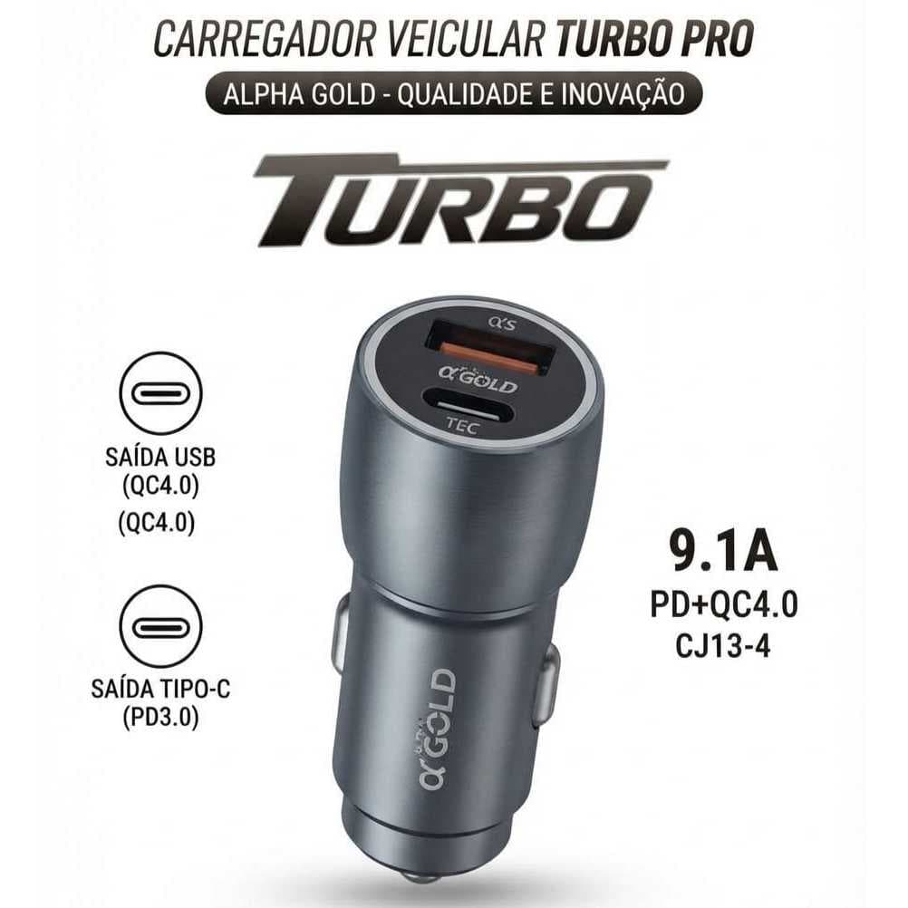 Carregador Veicular Automotivo Turbo Pro Alpha Gold CJ13-4 9.1A com Saída USB QC4.0 e Tipo-C PD3.0