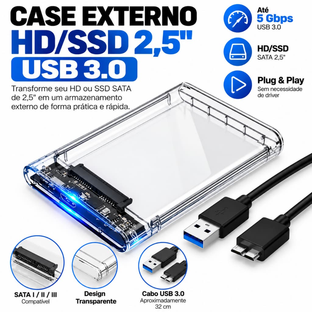 Case HD SSD Externo 2.5 SATA USB 3.0 Transparente Gaveta Adaptador Notebook PC