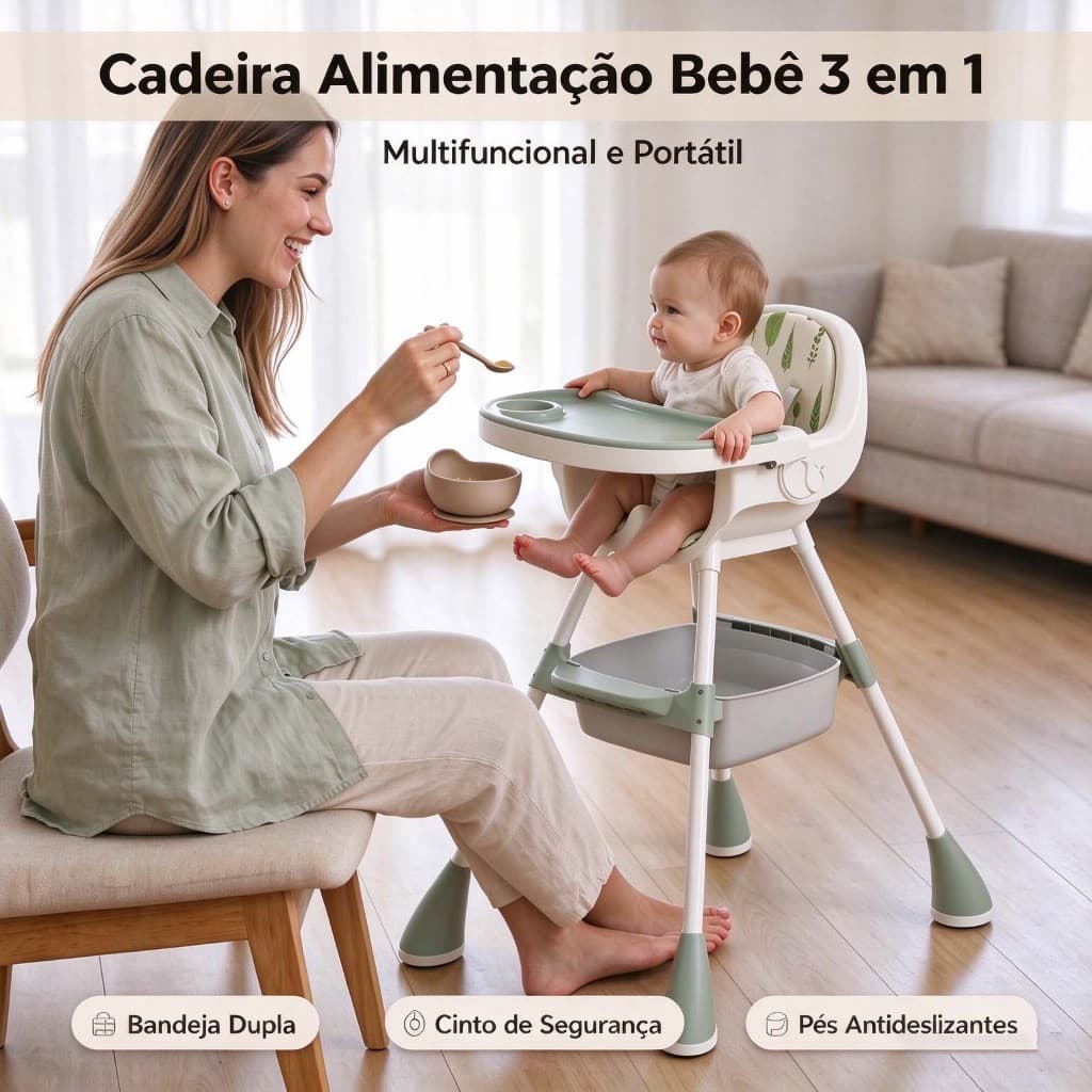 Cadeira de Alimentação Bebê 3 em 1 Portátil Multifuncional, Bandeja Dupla, Uso Doméstico