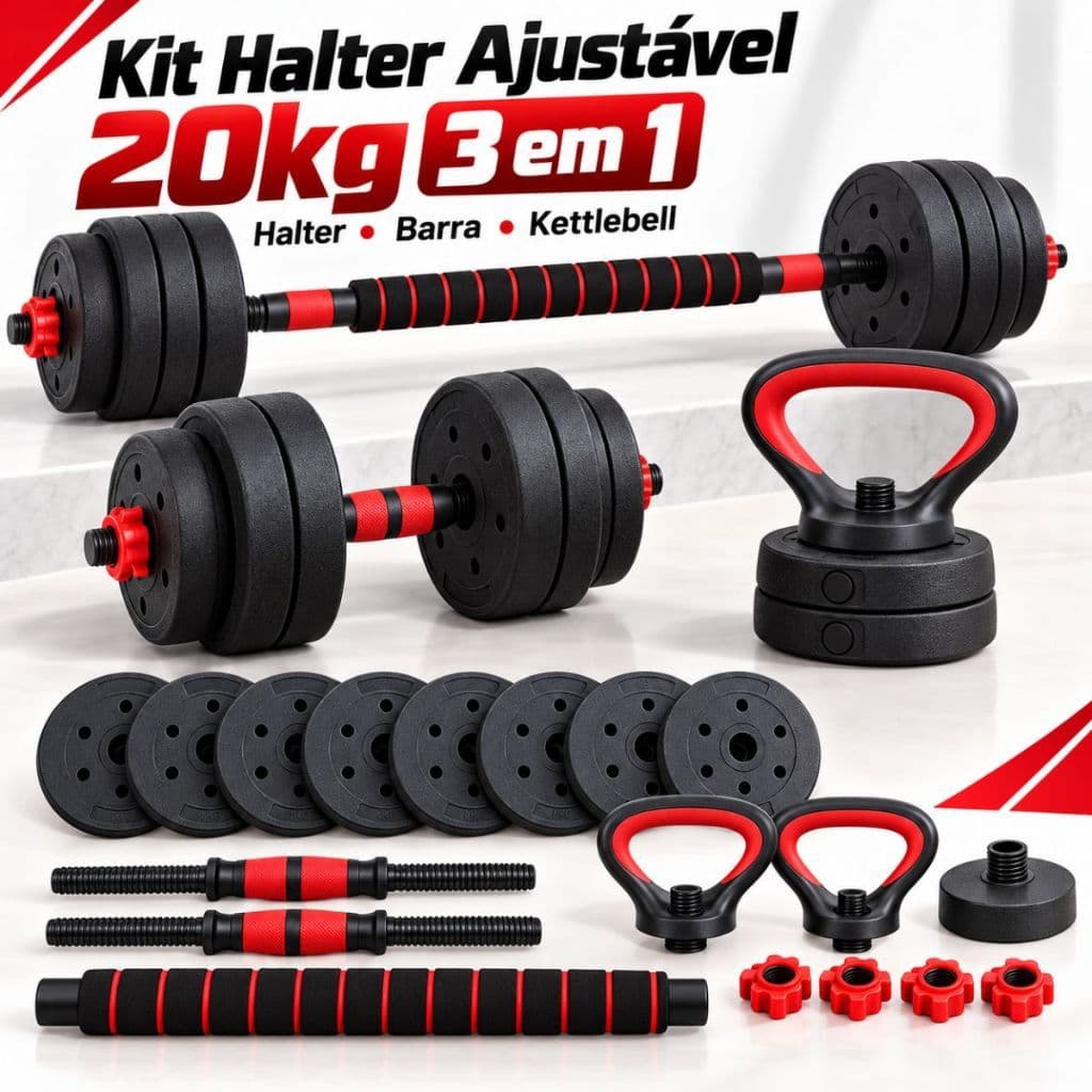 Kit Halteres Musculação 20kg Ajustável 3 em 1 Barra Extensora Kettlebell Anilhas Academia Treino Casa