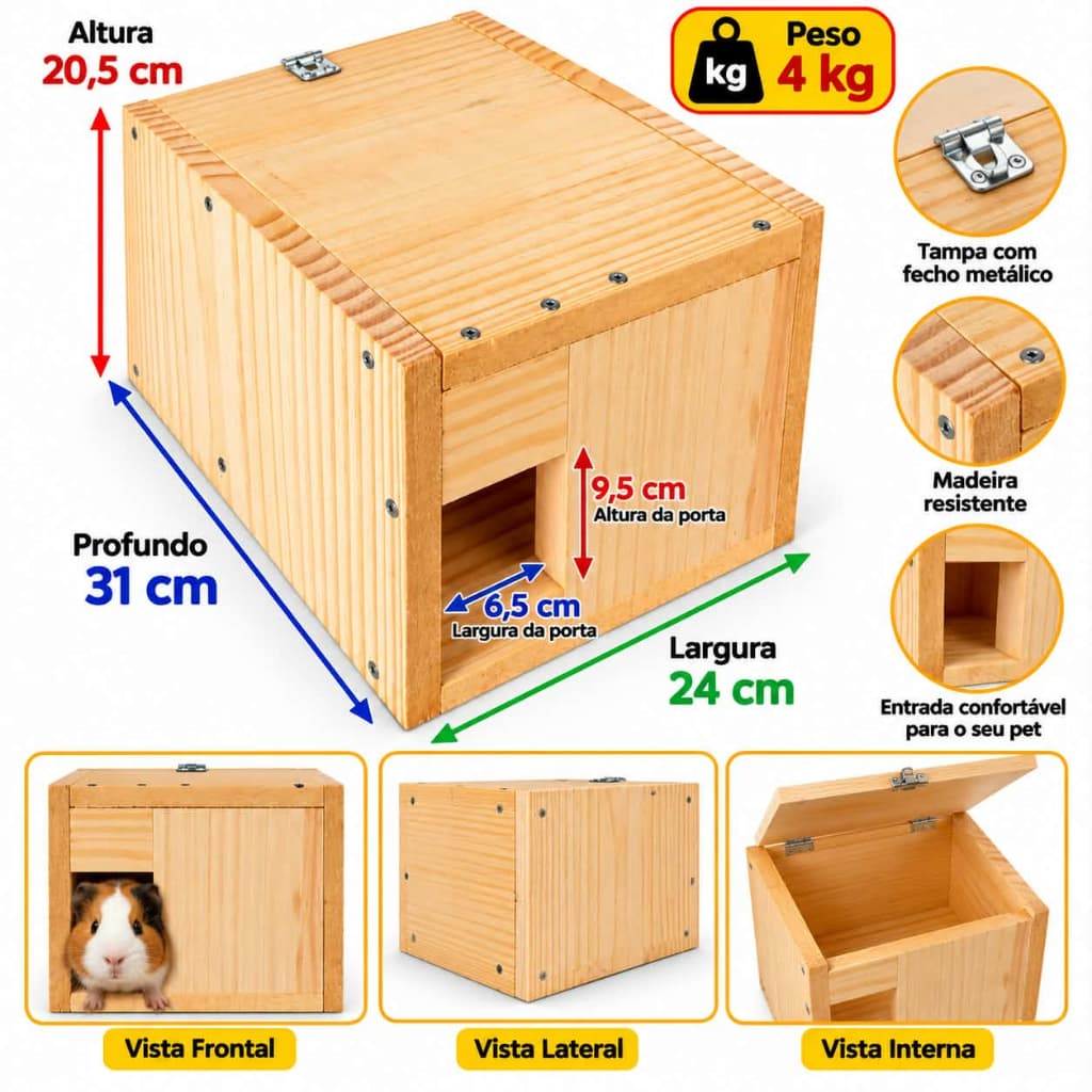 Casinha Pet Para Porquinho Da Índia Preá Com Porta De Acesso No Fundo
