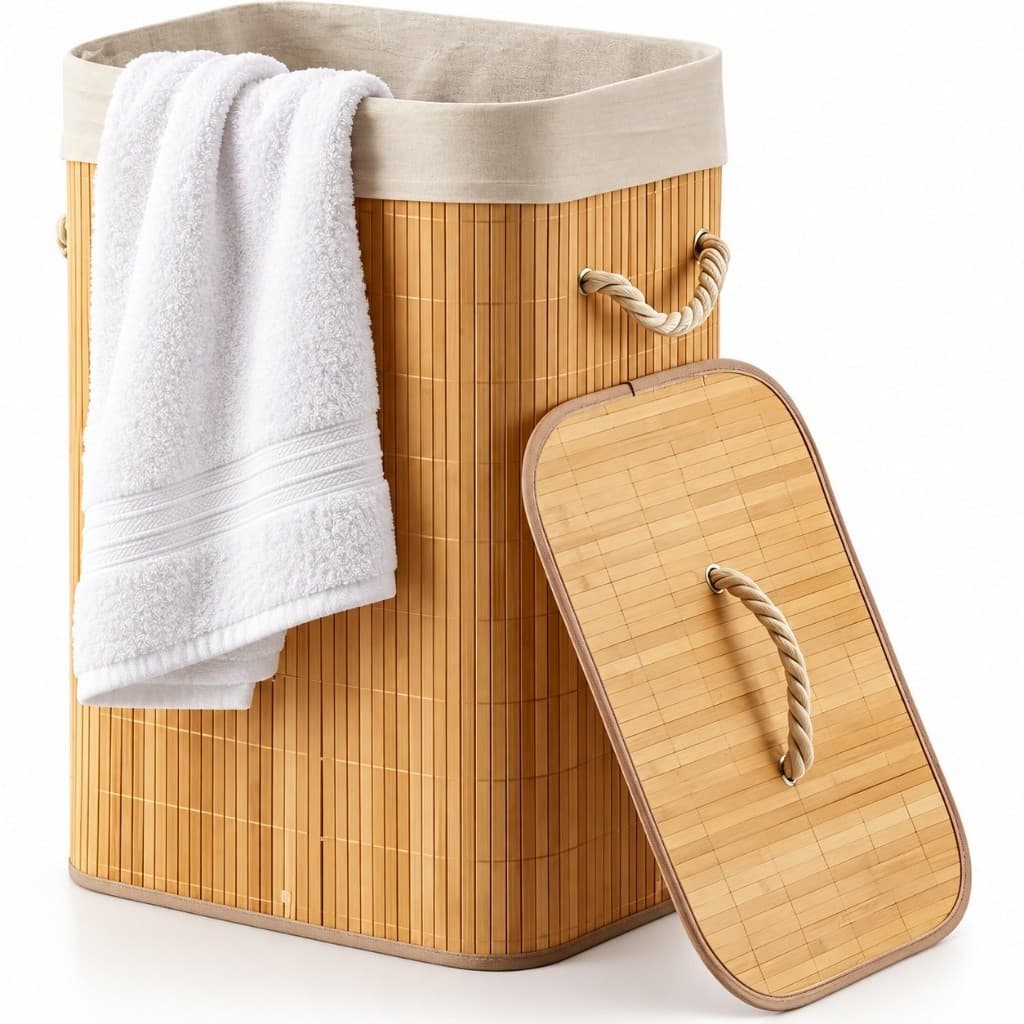 Cesto De Roupa Suja Bambu Dobravel Organizador Forrado Banheiro Cesto Retangular Organizador
