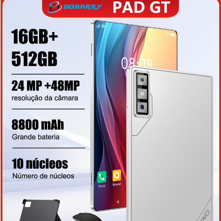 Tablet PAD GT 16GB 512GB Android 15 para Estudos Trabalho e Lazer