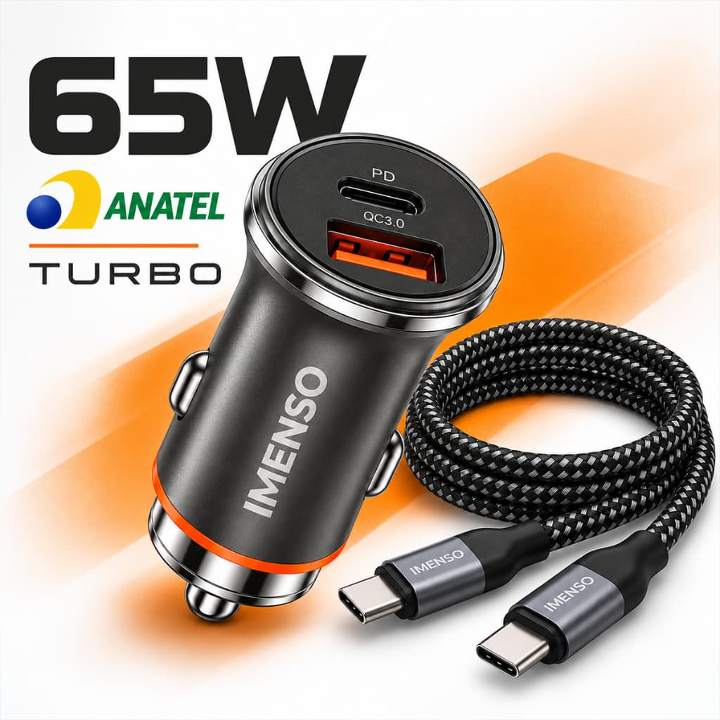 Imenso Carregador Veicular Turbo 65W Carregador Veicular 2 Em 1 Carro Cinza