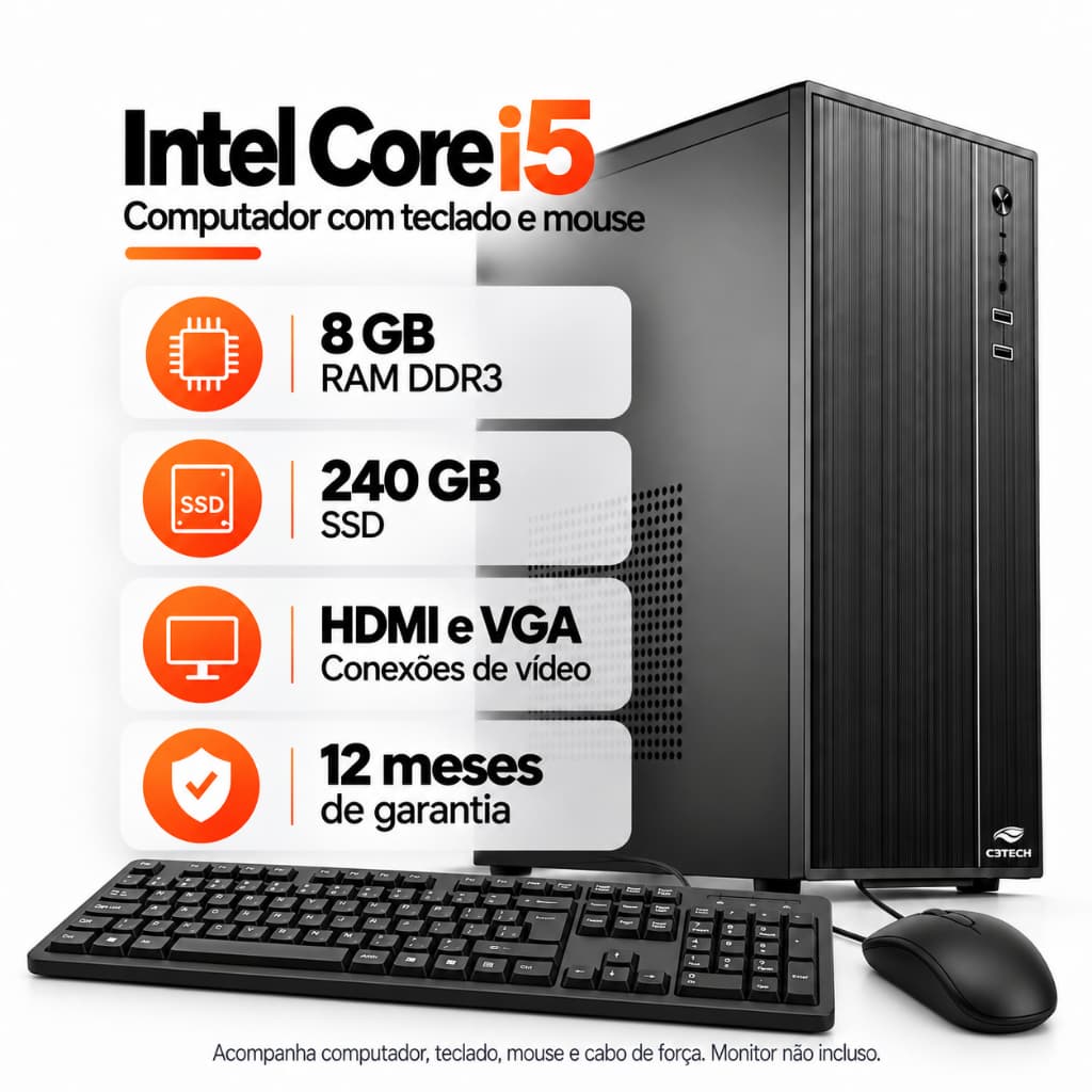 Computador Intel Core i5 8GB DDR3 SSD 240GB Teclado Mouse Windows 11 Trial Home Office Trabalho Estudos Desktop USB