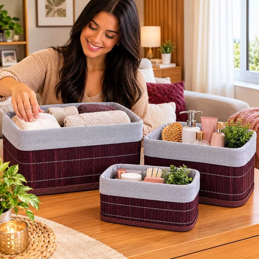 Jogo 3 Cestos Organizadores De Bambu Dark Lavabo Banheiro Quarto Cozinha Luxo Caixa Organizadora Multiuso